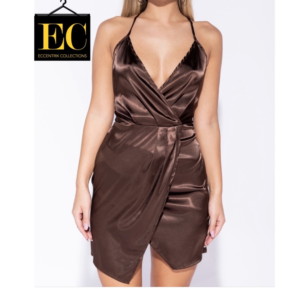 Brown Satin Wrapover Mini Dress